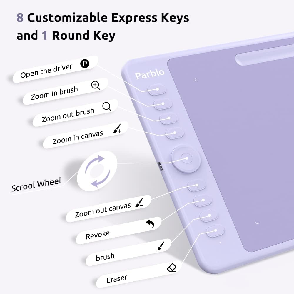 Parblo Intangbo M – Tableta de dibujo de 10 x 6 pulgadas, tableta gráfica digital con 8192 niveles, lápiz capacitivo sin batería y 8 teclas de