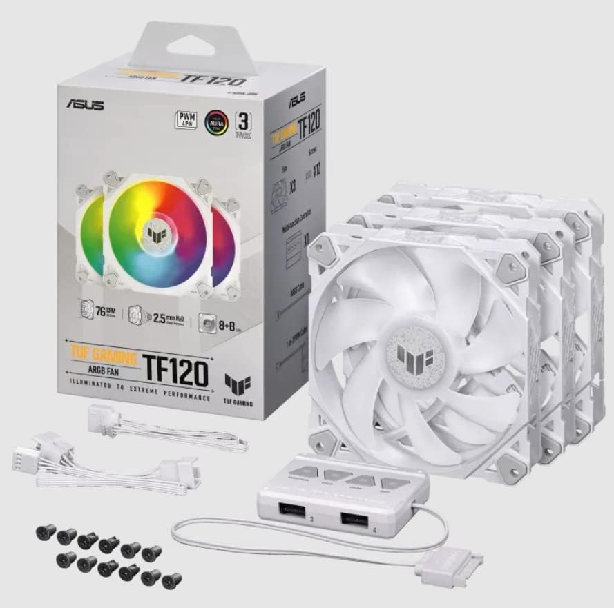 TUF Gaming TF120 ARGB Case Fan White Edition 3-in-1 with ARGB Controller (Pack of 3, Aura Sync, Quiet Addressable ARGB Fan, PWM Control, White)