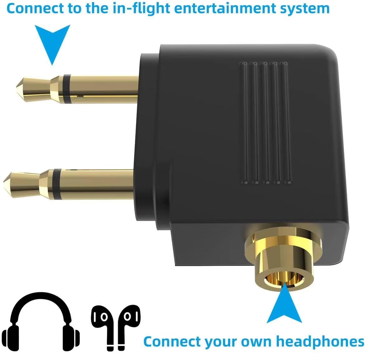 Adaptador de auriculares de avión, adaptador de auriculares de vuelo de 0.138 in, conector de auriculares dual chapado en oro, dos conectores de