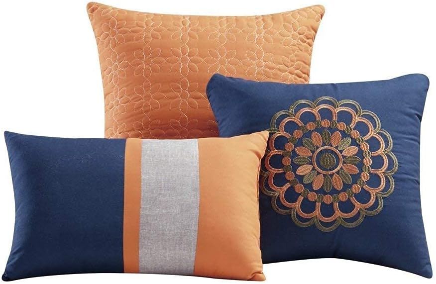 Chezmoi Collection Naomi – Juego de ropa de cama de 7 piezas con bordado floral de cachemira naranja marino, tamaño Queen