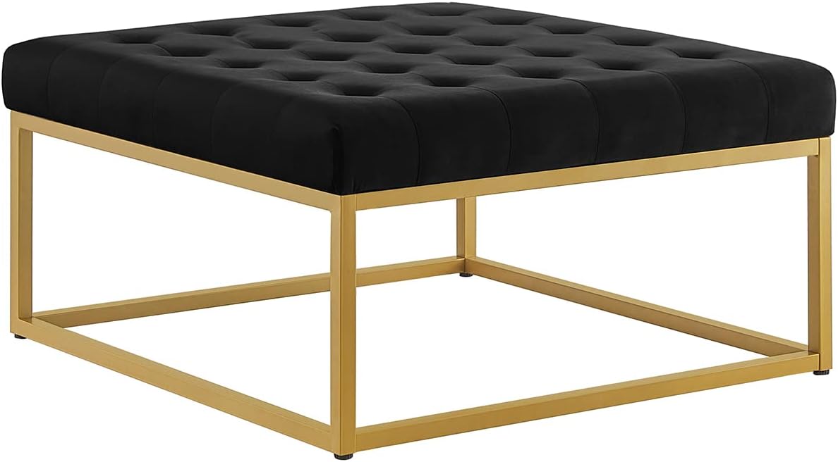 24KF – Mesa de café cuadrada, grande y copetuda estilo Edad Media asiento otomano tapizado en terciopelo, acolchado y con base de metal dorado,