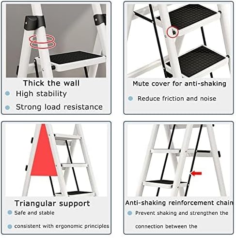 HDHNBA Escalera portátil blanca y negra, taburete plegable con pedal antideslizante ancho, escalera ligera de capacidad de carga de 330 libras,
