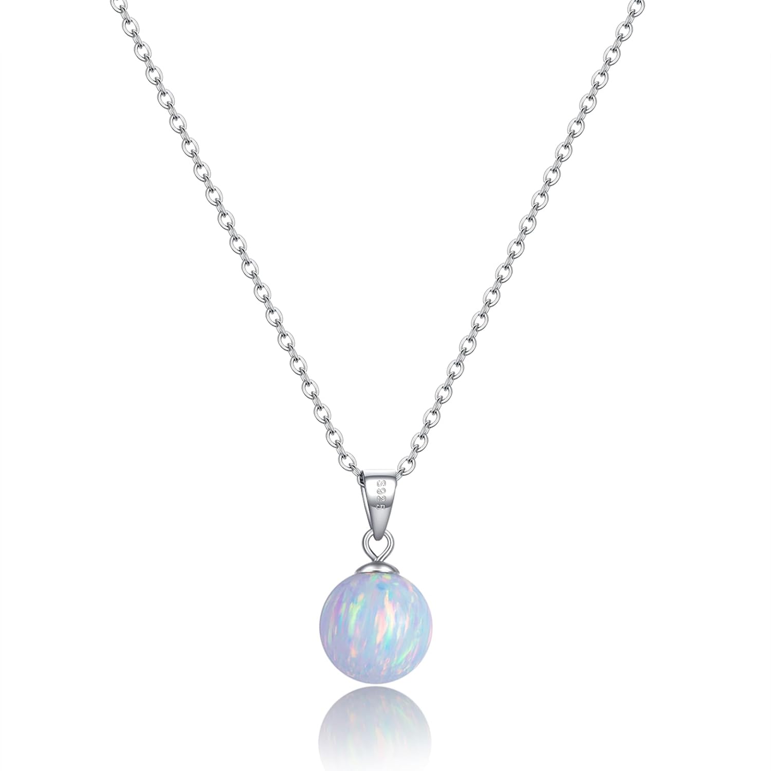 Sterling Silver Opal Necklace for Women Dainty 10mm Round White Opal Necklaces Handmade Opal Jewelry for Women
