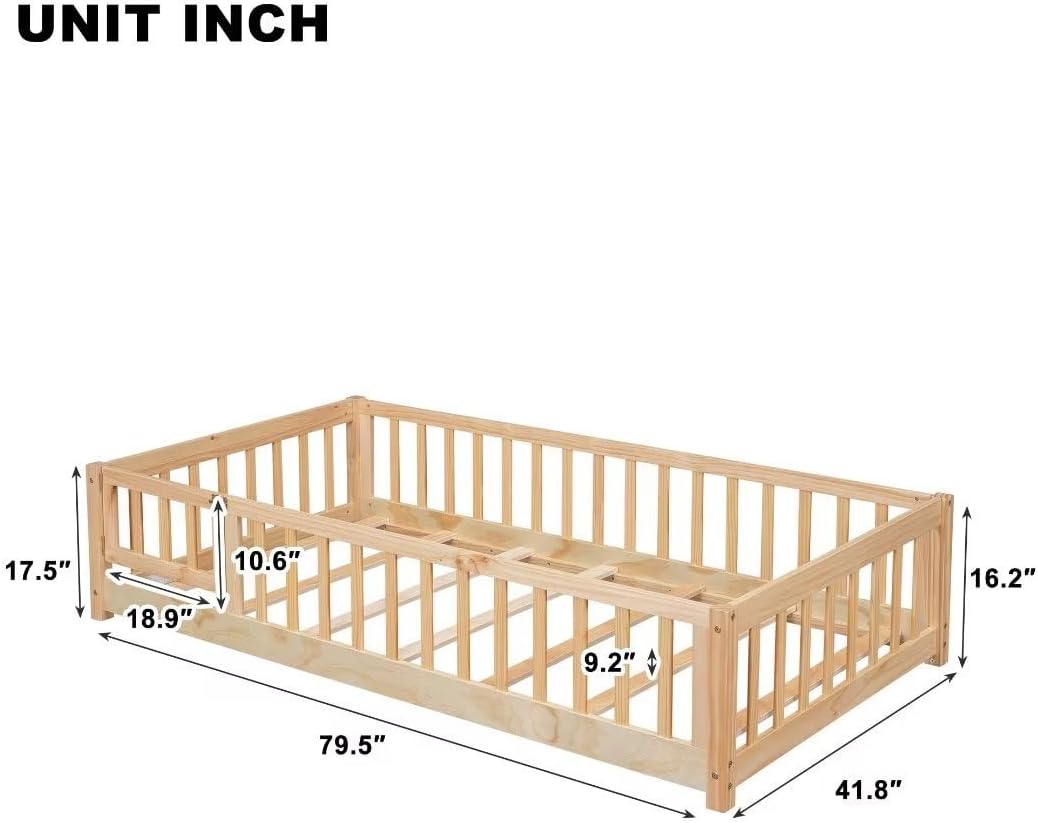 i-POOK Cama de plataforma Montessori de tamaño individual, marco de cama con barandillas en forma de valla y plataforma de madera maciza con 7