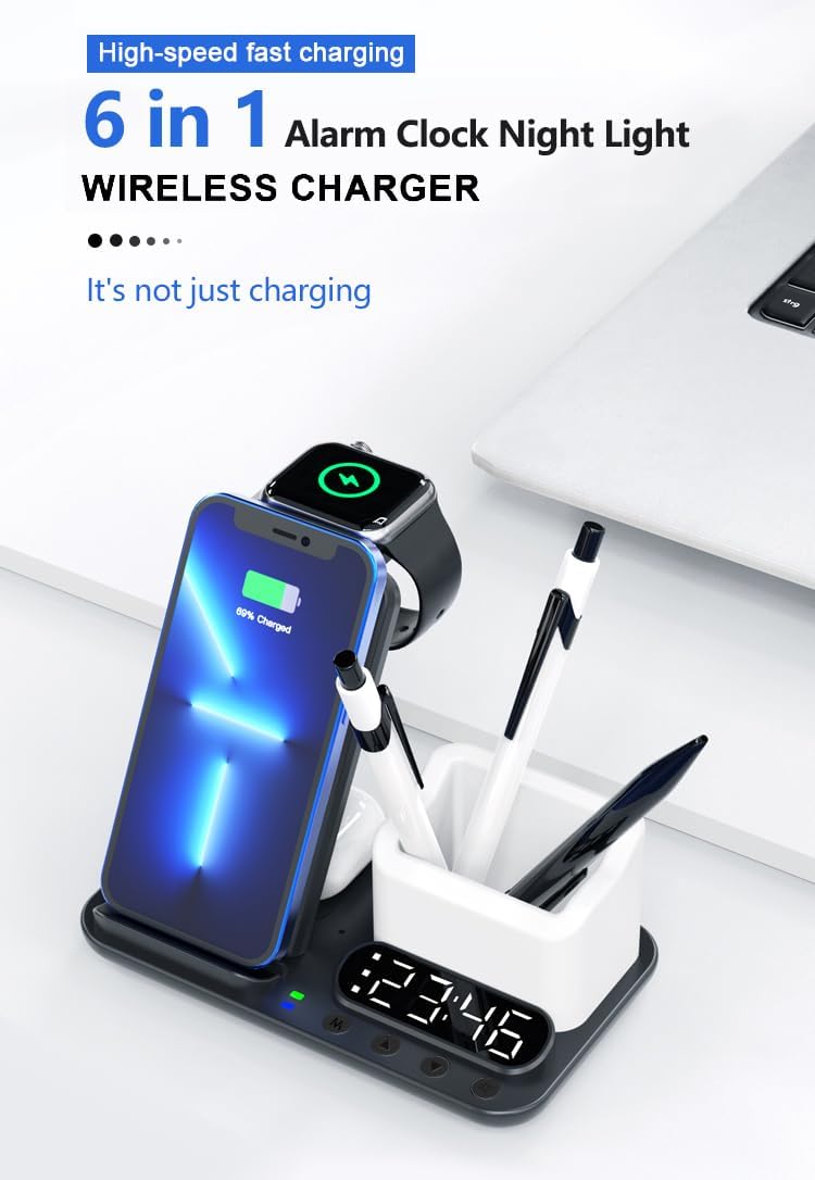 Plegable 6 en 1 con 2 bobinas, soporte de cargador inalámbrico rápido de 15 W y con reloj despertador digital y luz nocturna para iPhone 141312