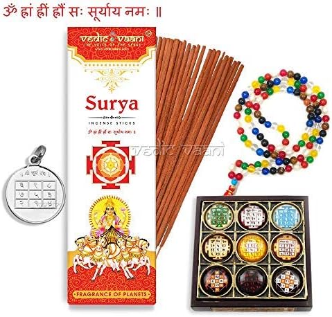Vedic Vaani Dios Surya (Sol) Ravi Brass IdolSurya Graha (Planeta) Dosha Nivaran Mantra Yantra Jaap Navgraha Puja KitSurya Incienso & Medallón con
