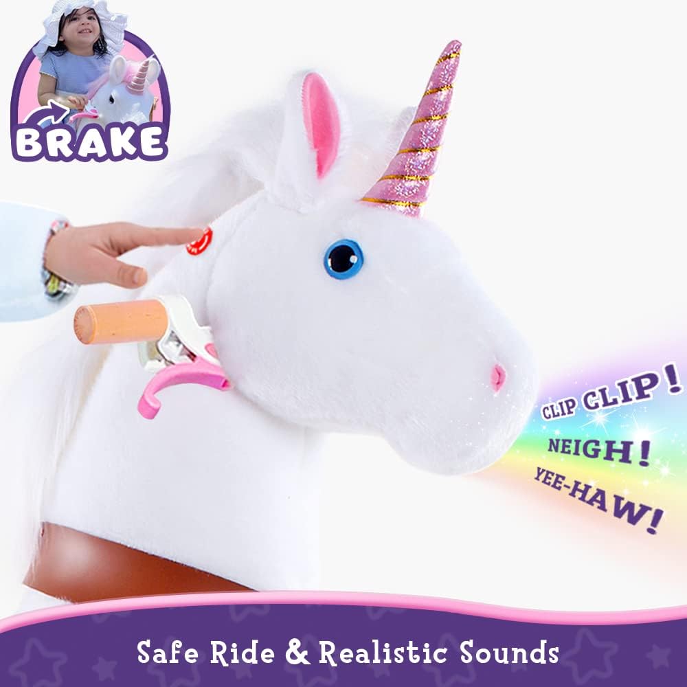 PonyCycle Unicornio rosa oficial con freno y almohadilla de pedal, juguete de peluche para montar en caballo Giddy up Pony, animal para caminar,