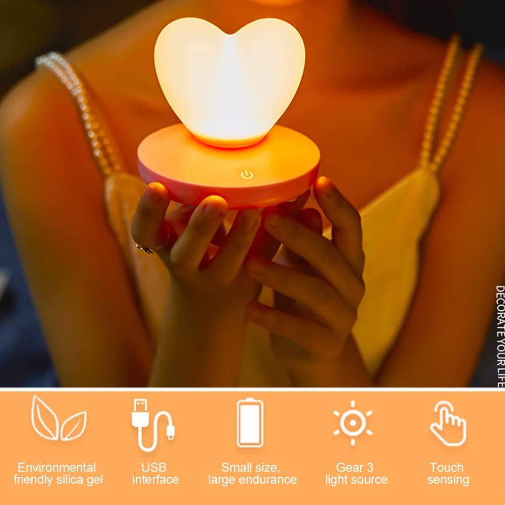 Luz nocturna en forma de corazón, bonita lámpara, lámpara de noche recargable por USB, 3 engranajes, luces portátiles de silicona de corazón, regalo