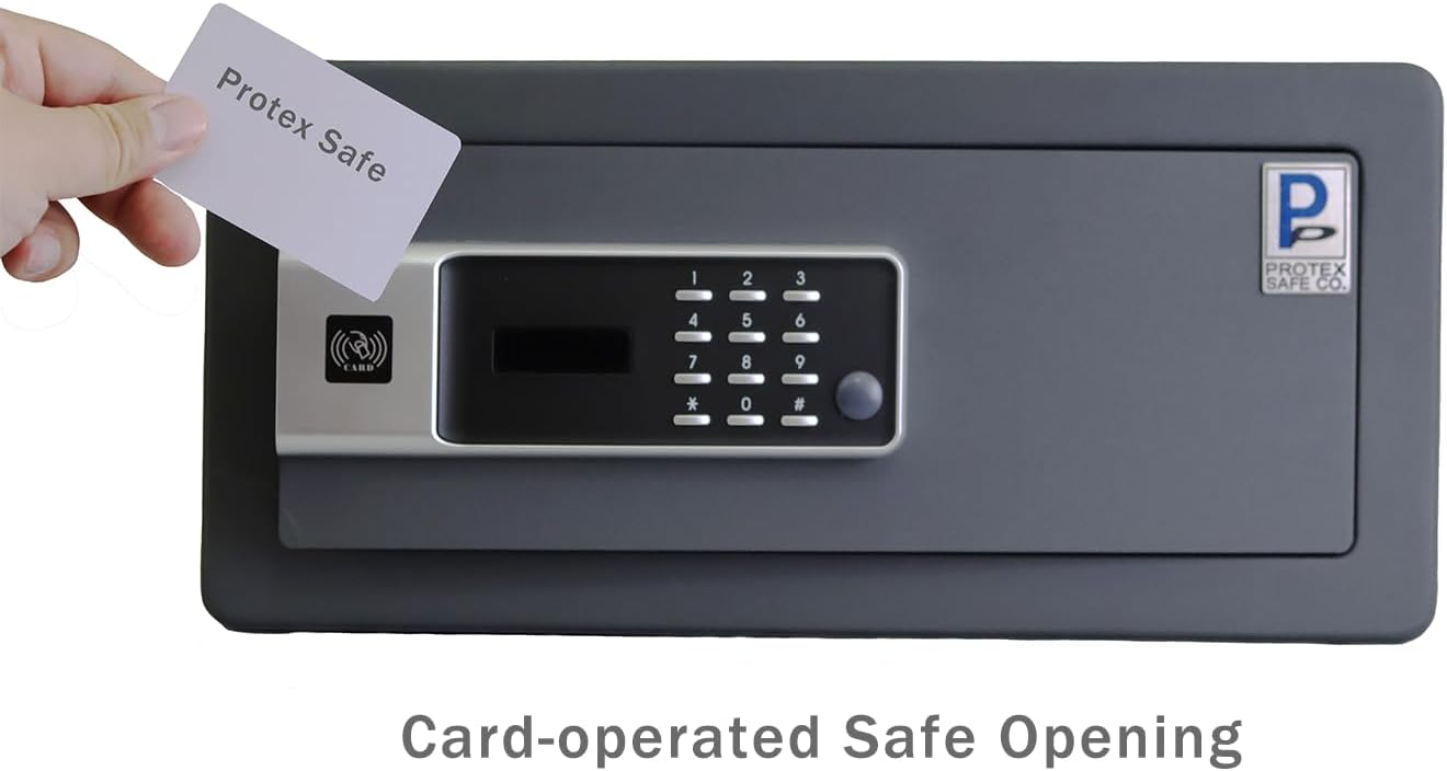 Protex H4-2043ZH-BLACK – Caja fuerte personal con apertura de 3 vías Llave de emergencia, funciona con tarjeta, teclado digital. Luz interior LED,