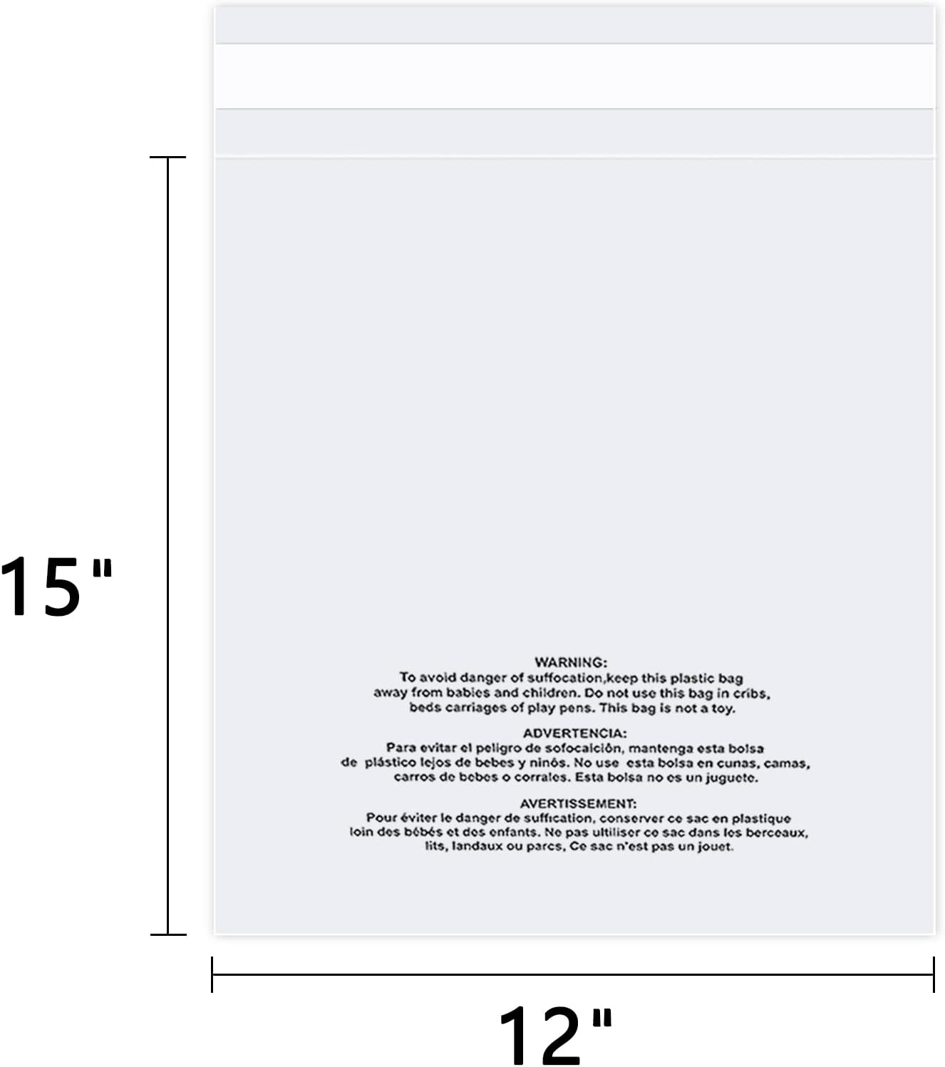 12 x 15 pulgadas (500 unidades) – Bolsas de polietileno transparente con autosellado de advertencia de asfixia para embalaje, camisas, ropa y