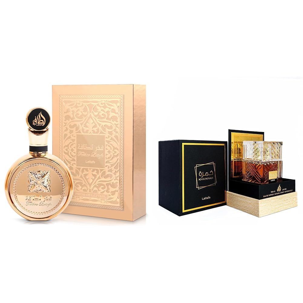 Lattafa Fakhar Gold Extrait Eau de Perfume en aerosol, 3.4 onzas y Khamrah Eau de Parfum en aerosol, paquete de fragancia de 3.4 onzas para mujeres