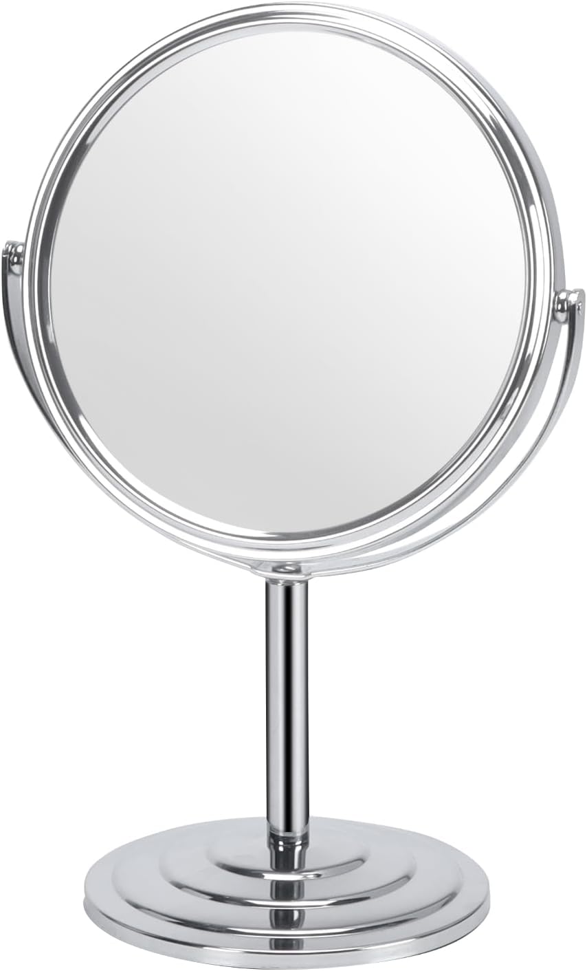 Wtrgas 1 espejo de maquillaje con aumento 3X para mesa, espejo de tocador plateado de 7 pulgadas, espejo cosmético de baño portátil de doble cara