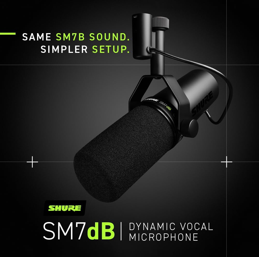 Shure SM7dB Micrófono vocal dinámico con preamplificador integrado para transmisión, podcast y grabación, frecuencia de amplio alcance, sonido
