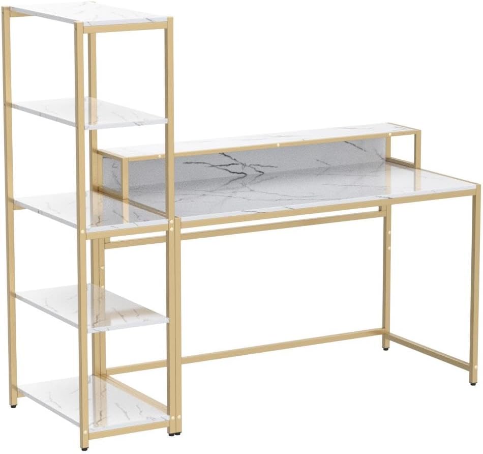 Teraves Escritorio para computadora con estantes de 5 niveles, escritorio reversible con almacenamiento de 49 pulgadas, mesa de estudio para oficina