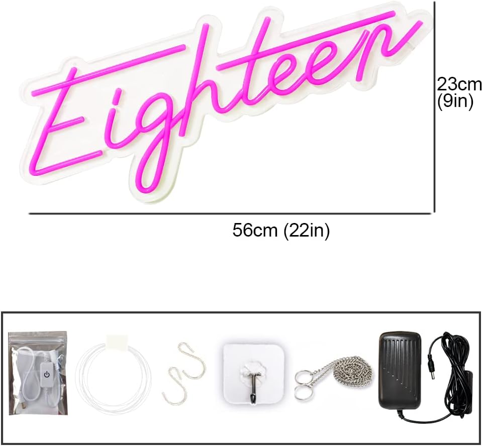 Luz de neón para fiesta de cumpleaños de 21 x 9 pulgadas, letrero de neón de color rosa número 18, luz LED flexible de silicona con fondo