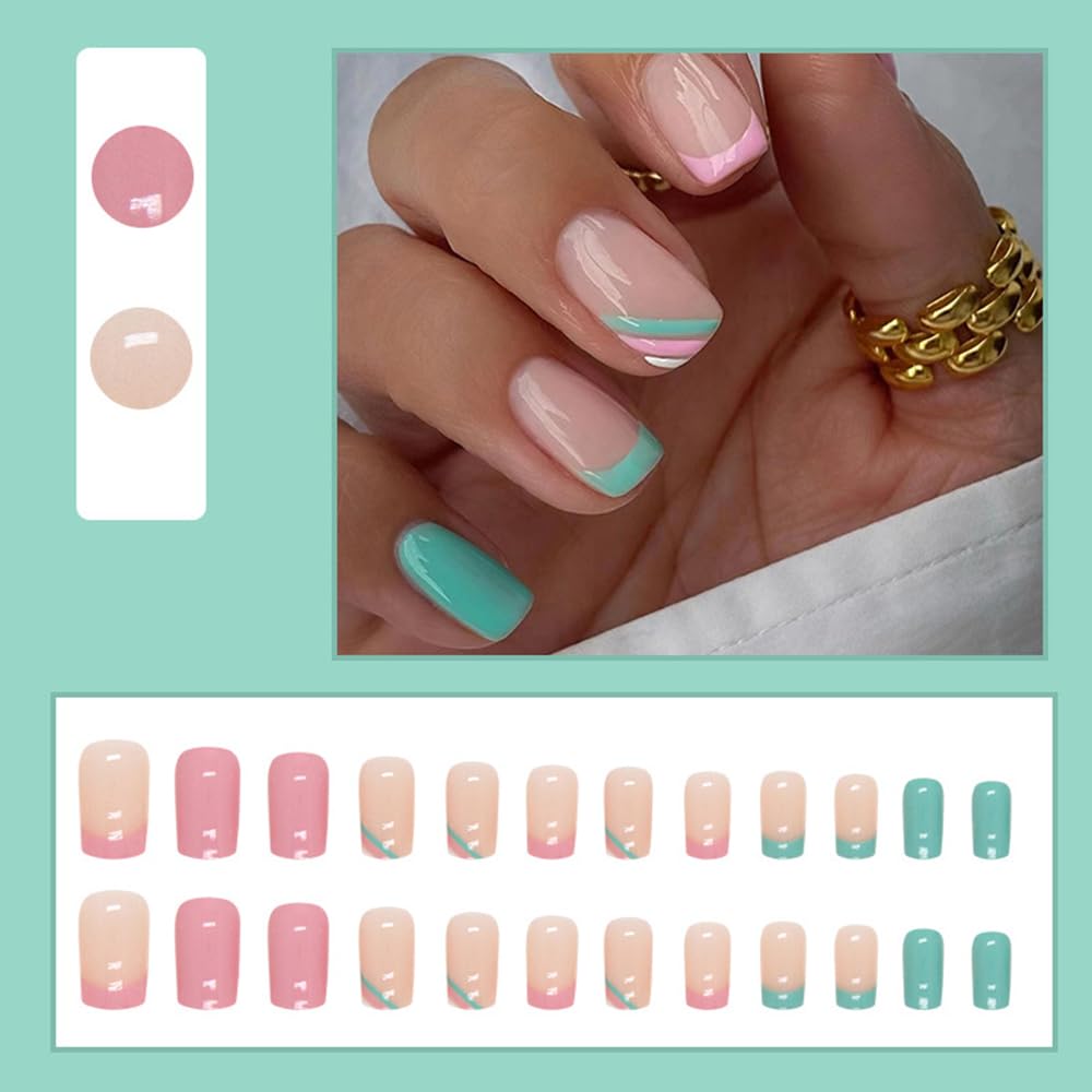 Uñas postizas de punta francesa, cuadradas, cortas, a presión, color sólido, uñas acrílicas con diseños de rayas rosas y verdes, uñas adhesivas