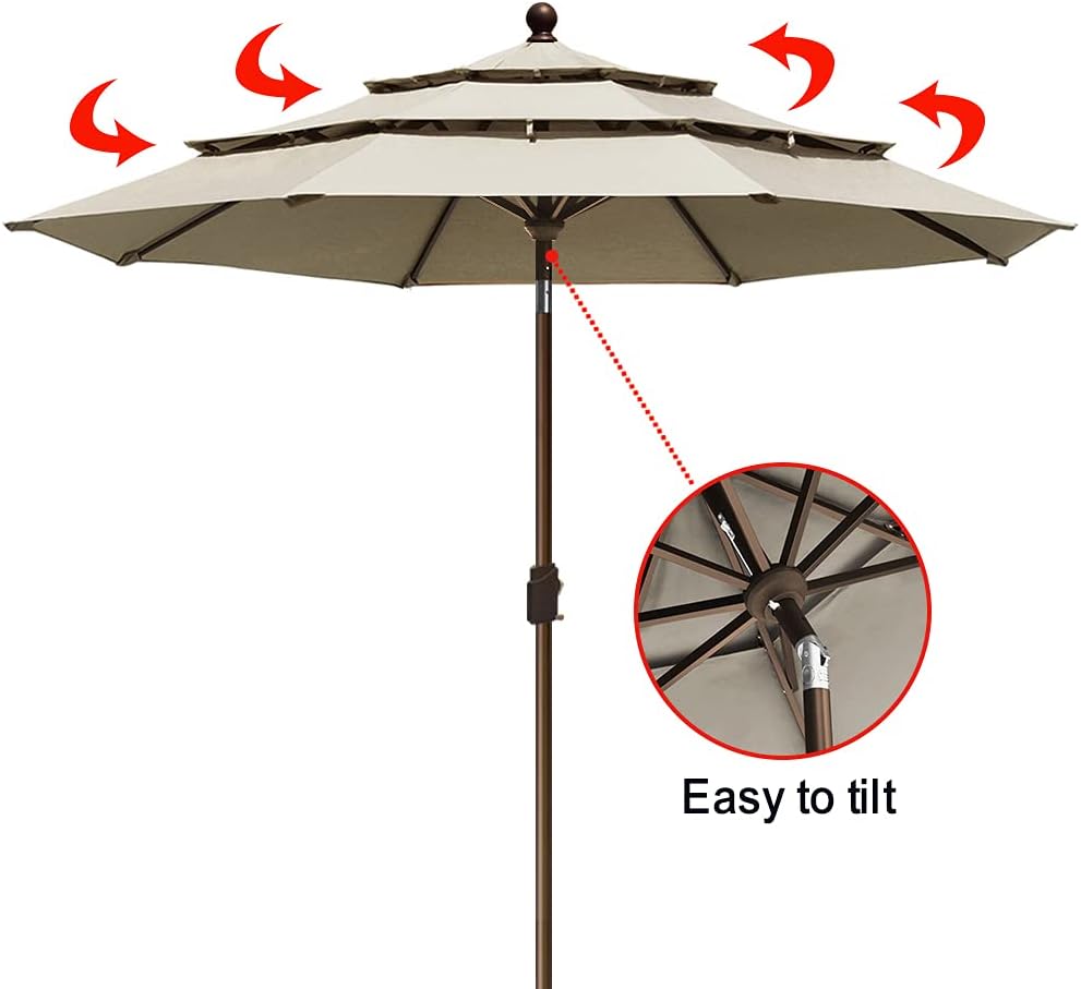 EliteShade Sunumbrella – Sombrilla de patio de 9 pies y 3 niveles, para mercado, exteriores, mesa, no se decolora, con ventilación, color beige