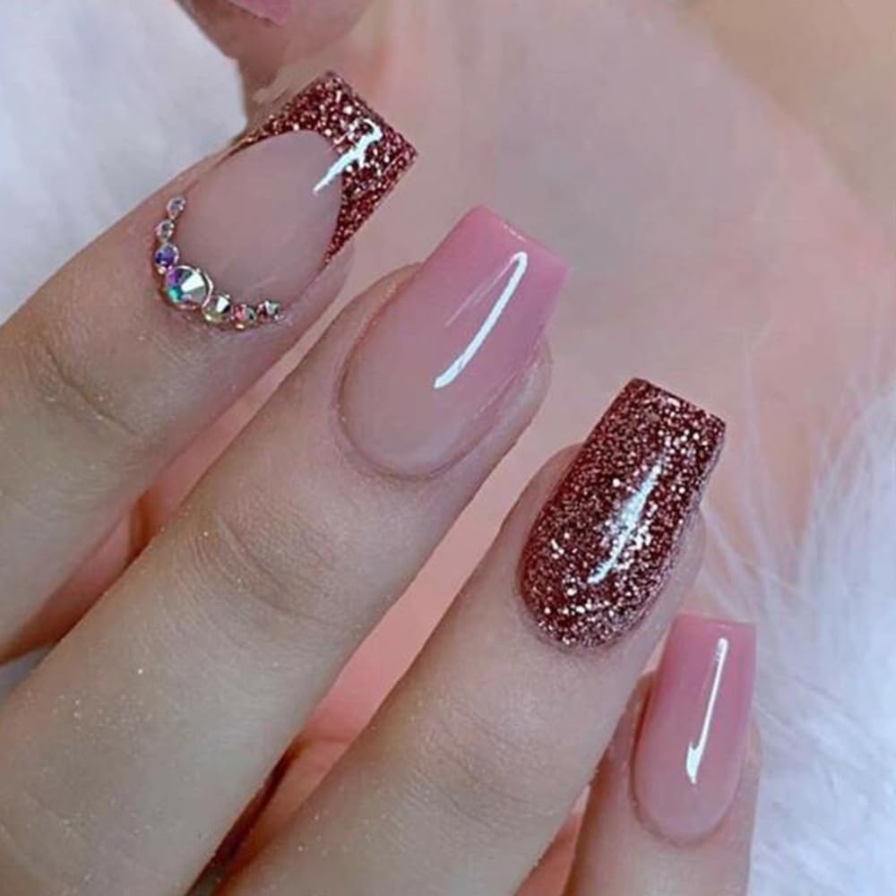 24 piezas de uñas cuadradas a presión, uñas postizas medianas, color rosa degradado, uñas adhesivas de cobertura completa, color rojo vino,