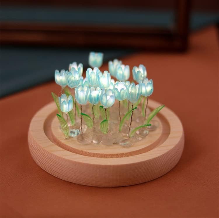 Luz nocturna de tulipán DIY, decoración de muebles hecha a mano, 13 flores, flores de simulación azul, lámpara de mesa para dormir, ornamento de