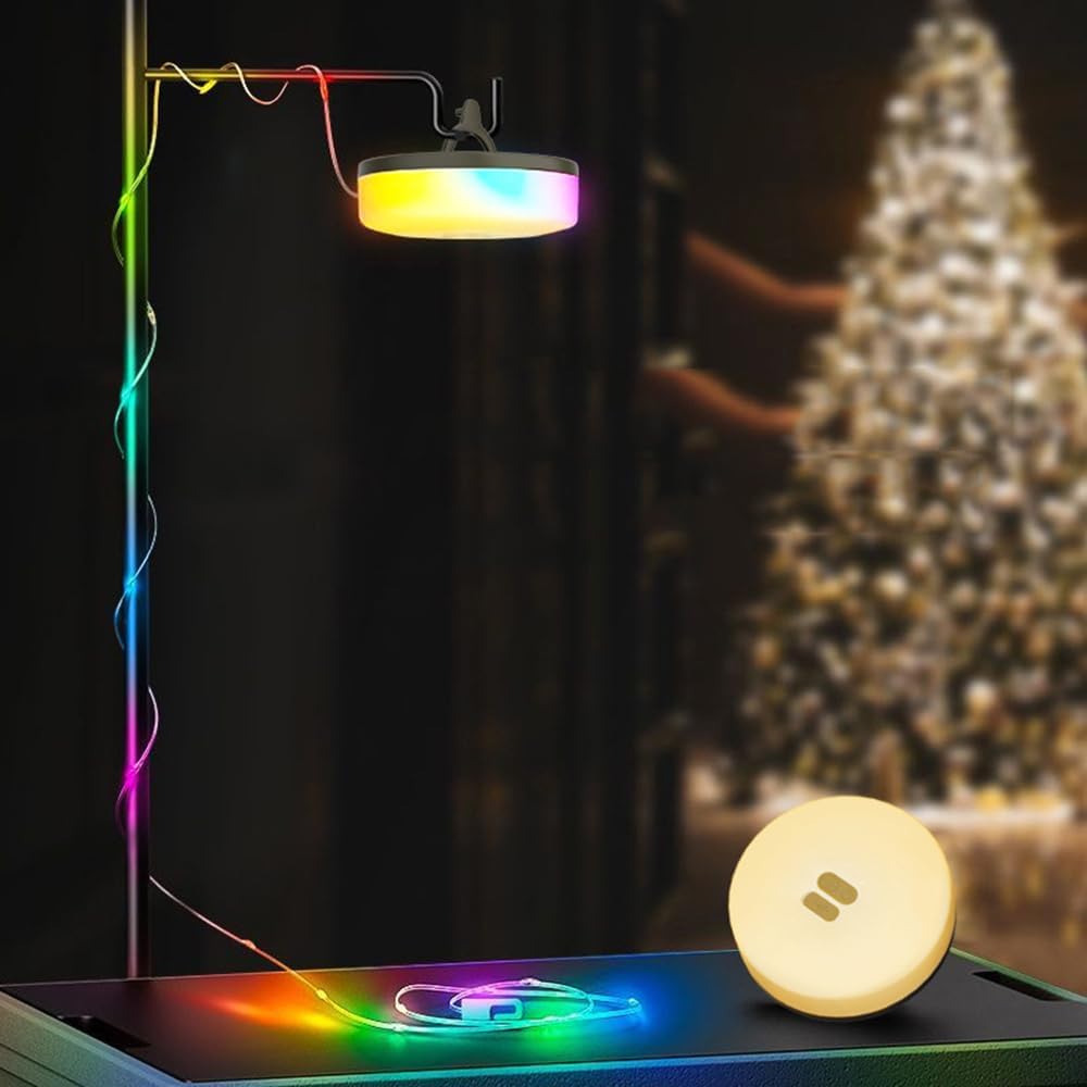 Cadena de luces para campamento tira de luces RGB de 32.8 pies para exteriores, impermeable, luz recargable con control de aplicación, brillo