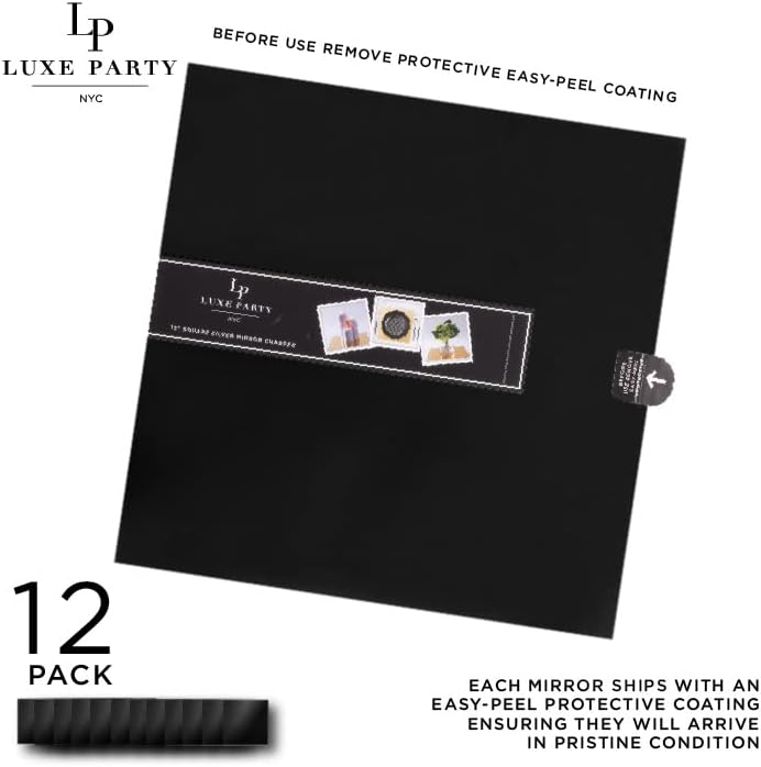 LUXE PARTY Paquete de 12 placas de carga de espejo cuadrado  Ligero  Vajilla decorativa  Cena  Boda  Eventos  Configuración de mesa  Negro
