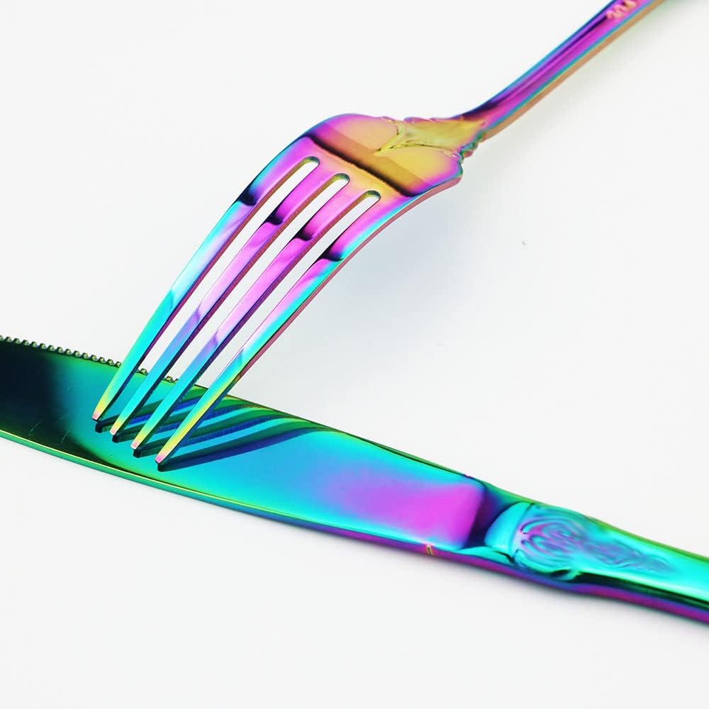 JASHII Juego de cubiertos de palacio multicolor de 24 piezas, pulido con espejo, utensilios de cocina de acero inoxidable para 6, patrón elegante