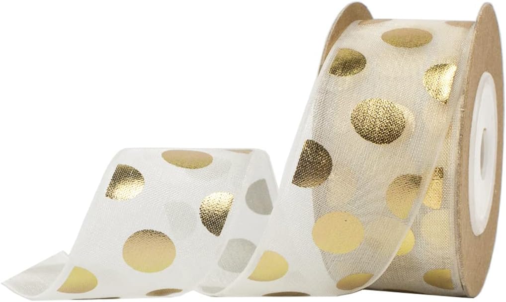 Cinta de lunares de 1 pulgada, cintas de organza impresas con puntos dorados para envolver regalos, lazos para el pelo, manualidades, invitación de