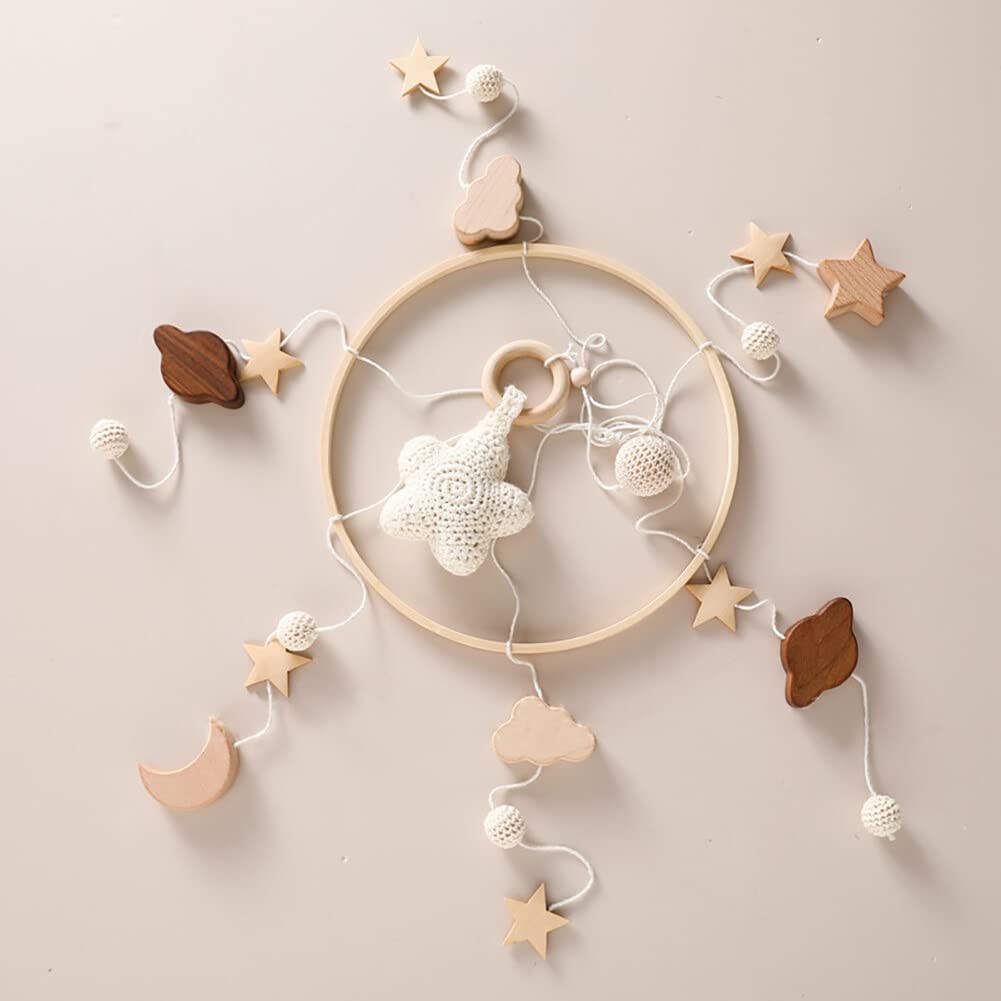 Móvil de bebé para cuna, luna y estrellas, nube, campanilla de viento de madera, campana de cama para cuna, móvil para cuna bohemia para niñas y
