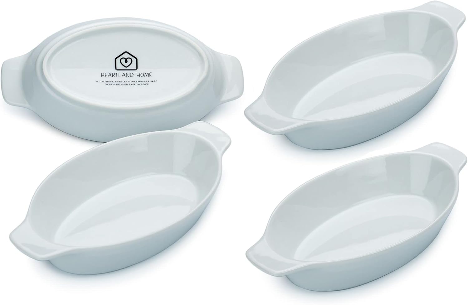 Heartland Home Plato de porcelana mini cacerola ovalada para gratinar (juego de 4 piezas). Plato para hornear coliflor, cuencos partidos de plátano,
