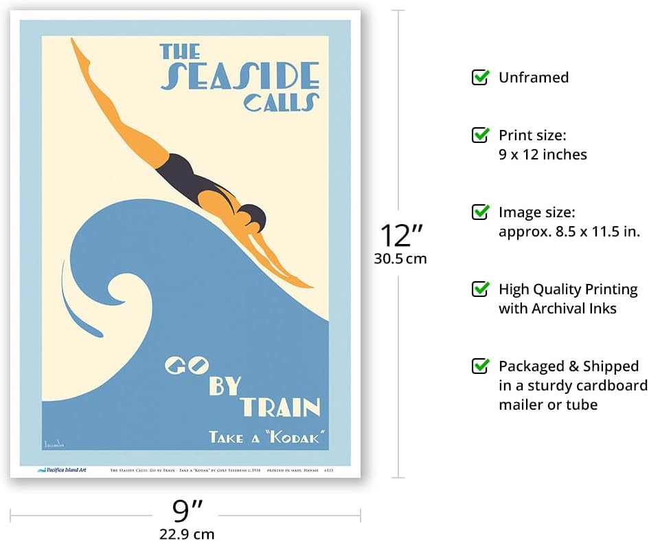 The Seaside Calls Go by Train – Take a “Kodak” – Póster vintage de viaje por ferrocarril por Gert Sellheim c.1938 – Impresión artística maestra de 9