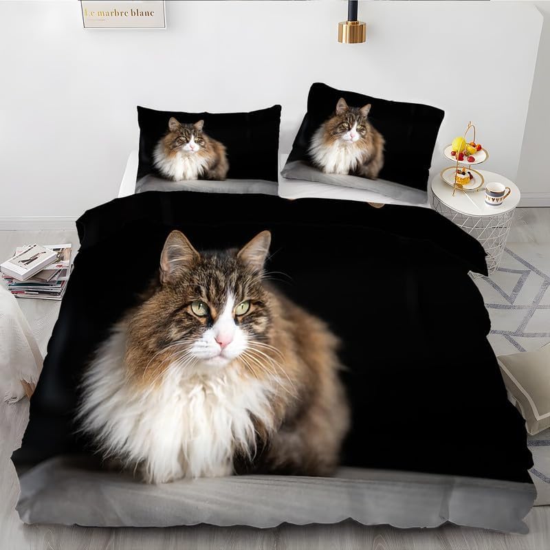 Black Long Haired Cat King Duvet Cover Animal Print King Bedding Set Soft Microfiber Comforter Cover and 2 Pillow Shams 20″X36″, Bed Set Duvet