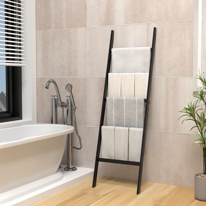 Escalera para mantas, 5 niveles de bambú elegante soporte para manta de pared, 60 pulgadas de granja y decoración rústica del hogar para salas de