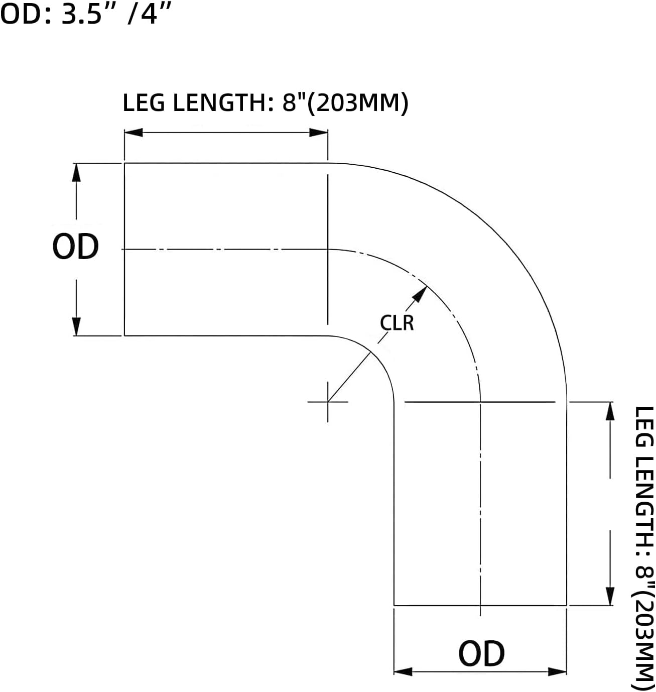 ETL INDUSTRIES Codo de escape de 4 pulgadas y 90 grados, diámetro exterior de 4 pulgadas (4.016 in), longitud de la pierna 8 pulgadas (7.992 in)