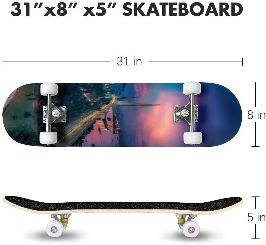Sunset Skyline Havana – Patinetas para principiantes de 31 x 8 pulgadas, tablas cóncavas de arce de doble patada completa al aire libre para