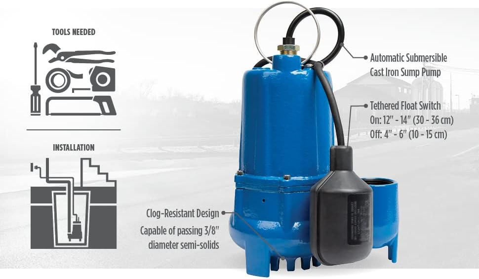 Little Giant Select Series LG-S50T 14942675 Bomba de sumidero de hierro fundido de 115 voltios, 12 HP, 4300 GPH con interruptor atado, color azul