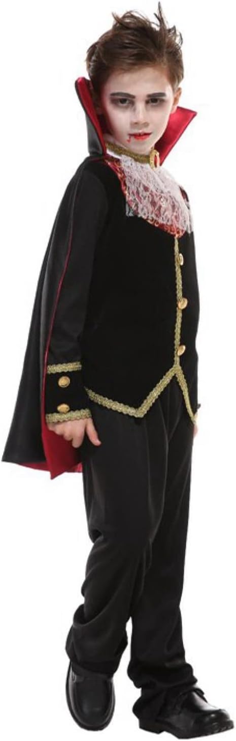 Disfraz de vampiro para niños con dientes y orejas realistas, capa gótica, traje real para Halloween