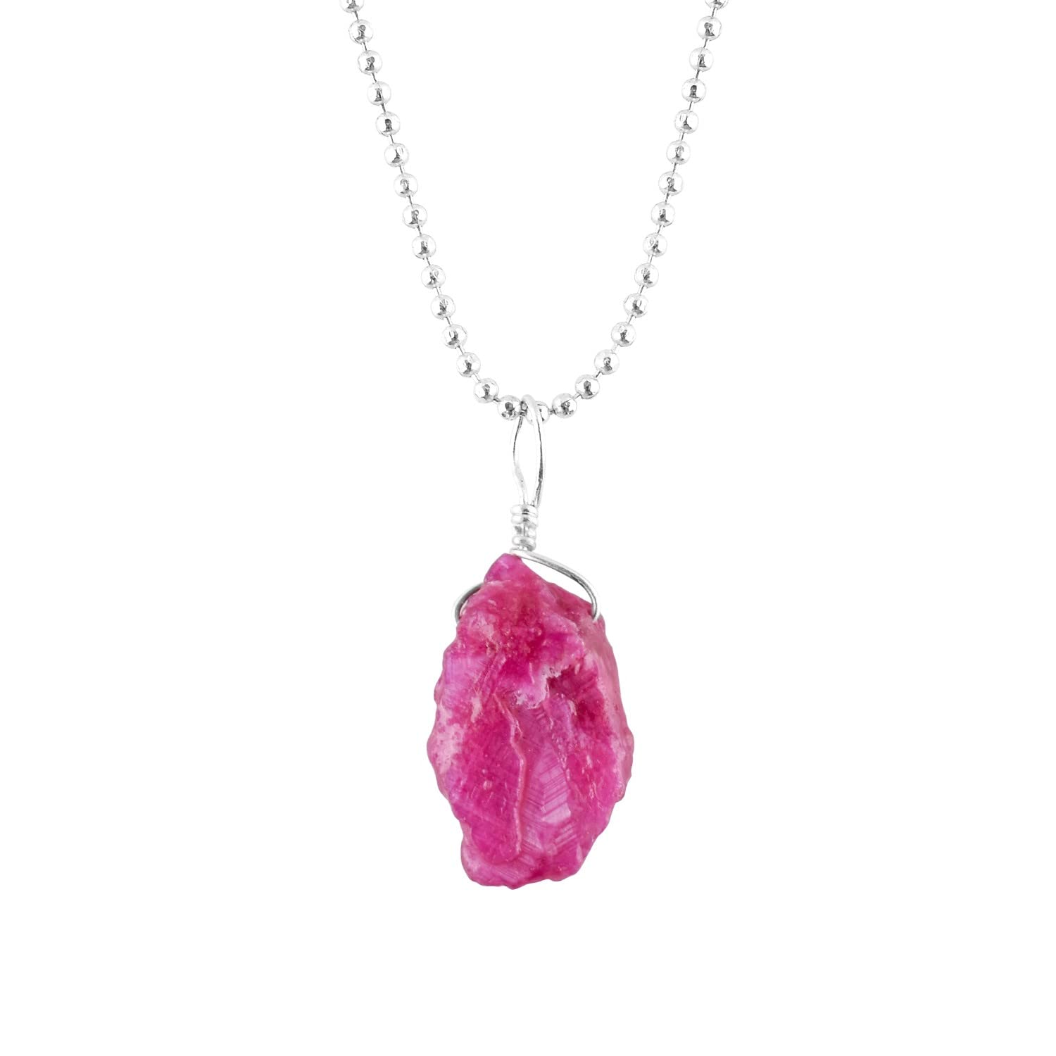 ZEMBIENCE Natural Raw Pink Ruby Gemstone Pendant Necklace, Rough Stones, Chakra Healing Crystals, Silver Plated, July Birthstone, Handmade, Wedding,