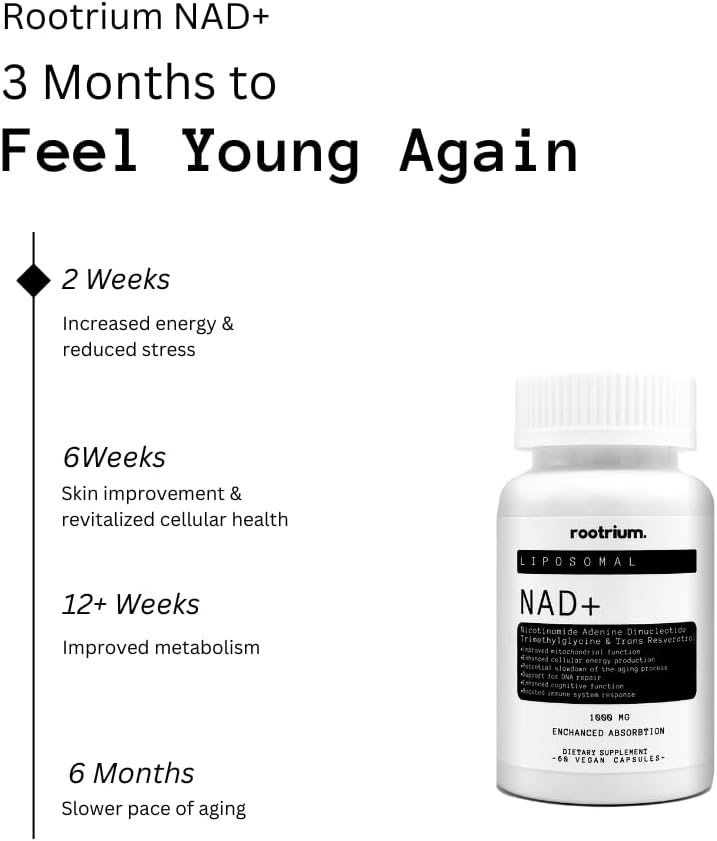 Rootrium NAD+ liposomal 1000 mg con resveratrol y TMG  Energía mejorada tres en uno, reparación de ADN y fórmula antienvejecimiento  Mejora la