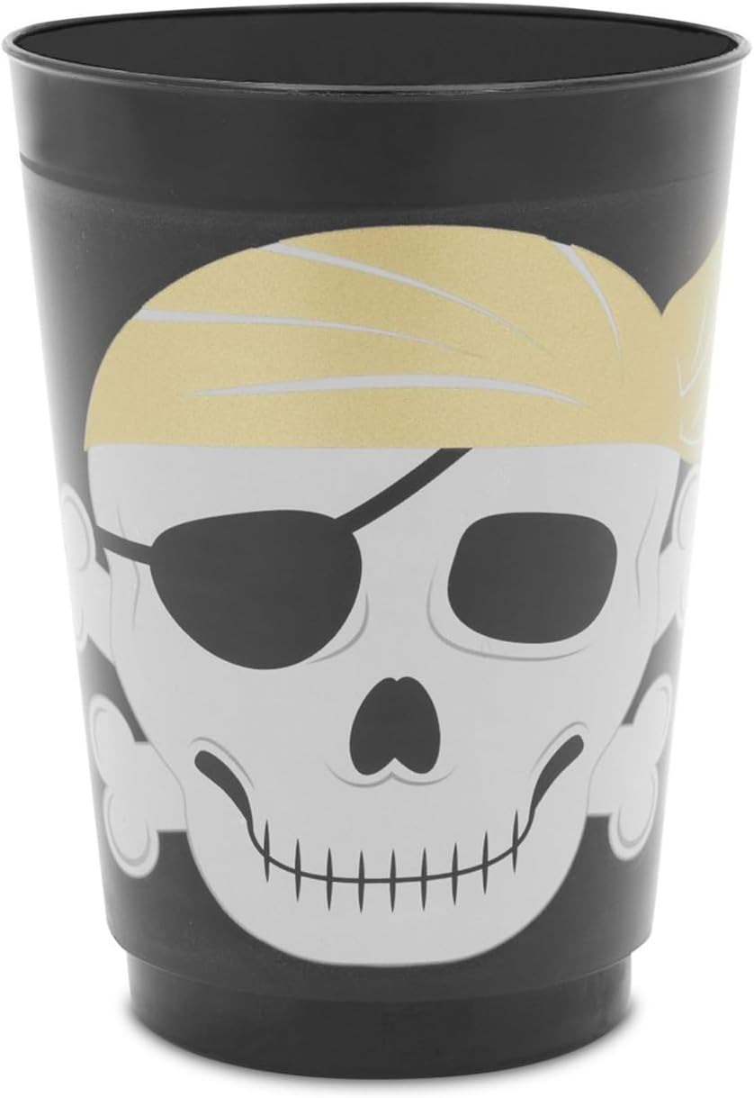Sparkle and Bash Paquete de 16 vasos de plástico con temática de calavera para niños, suministros de fiesta de cumpleaños pirata (negro, 16 onzas)