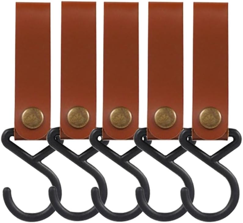 Correas de cuero con ganchos, 5 ganchos de cuero, ganchos para estantes en S, gancho de campamento para cocina, baño, dormitorio, oficina y uso al