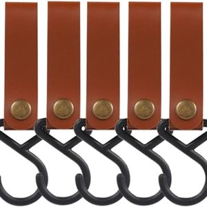 Correas de cuero con ganchos, 5 ganchos de cuero, ganchos para estantes en S, gancho de campamento para cocina, baño, dormitorio, oficina y uso al Correas de cuero con ganchos, 5 ganchos de cuero, ganchos para estantes en S, gancho de campamento para cocina, baño, dormitorio, oficina y uso al