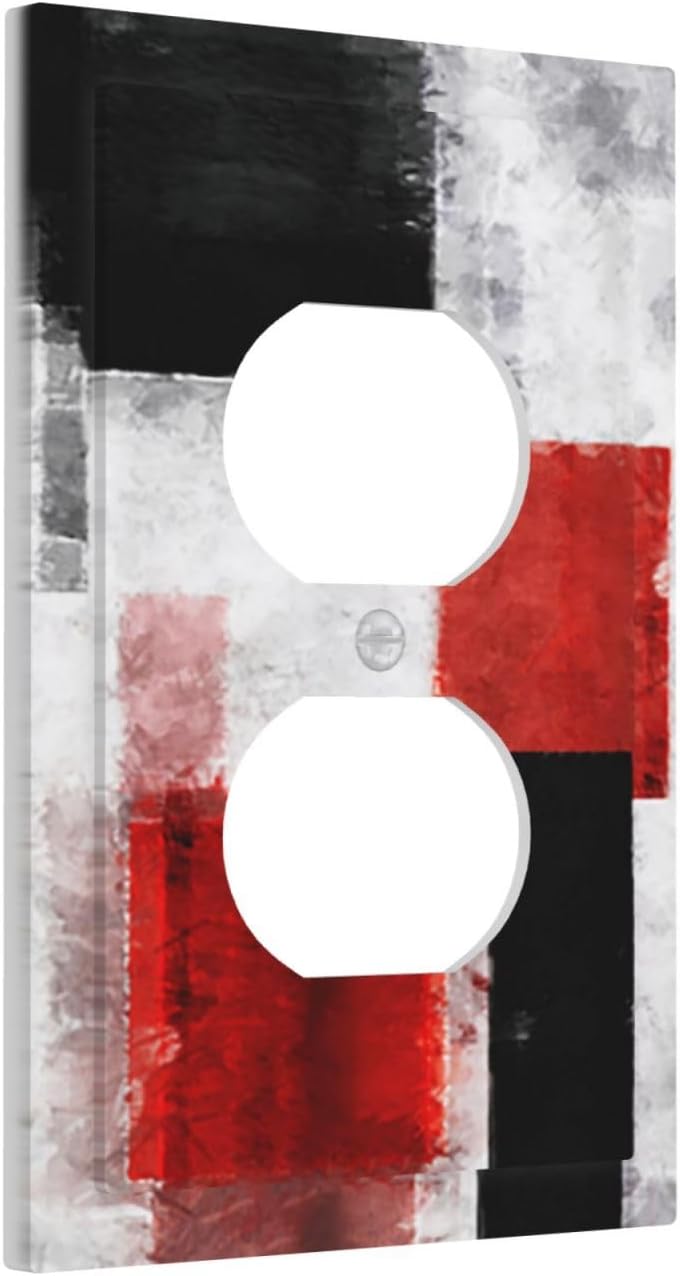 Placas de pared para receptáculo dúplex de tamaño jumbo de 1 pandilla, negro, rojo, gris, gris, pintura de arte abstracto, geométrico, moderno,