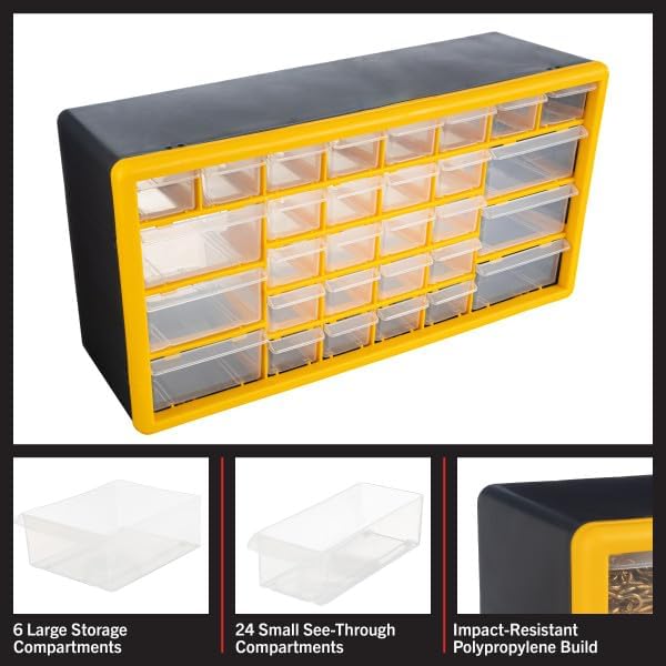 Stalwart Organizador de piezas pequeñas de 30 cajones, 19.6 x 6.25 x 9.75 pulgadas, amarillo