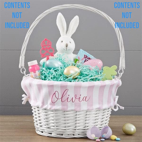 Personalization Universe Cesta de Pascua personalizada con diseño de rayas delicadas, cesta de bebé con diseño azul o rosa, cesta de mimbre blanco