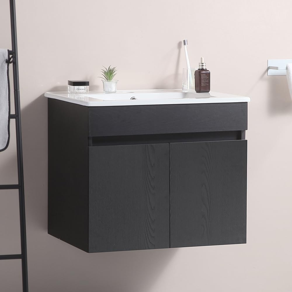 Vanidad de baño de 24 pulgadas, tocador de baño montado en la pared con lavabo de cerámica blanca, dos puertas de gabinete de cierre suave, madera