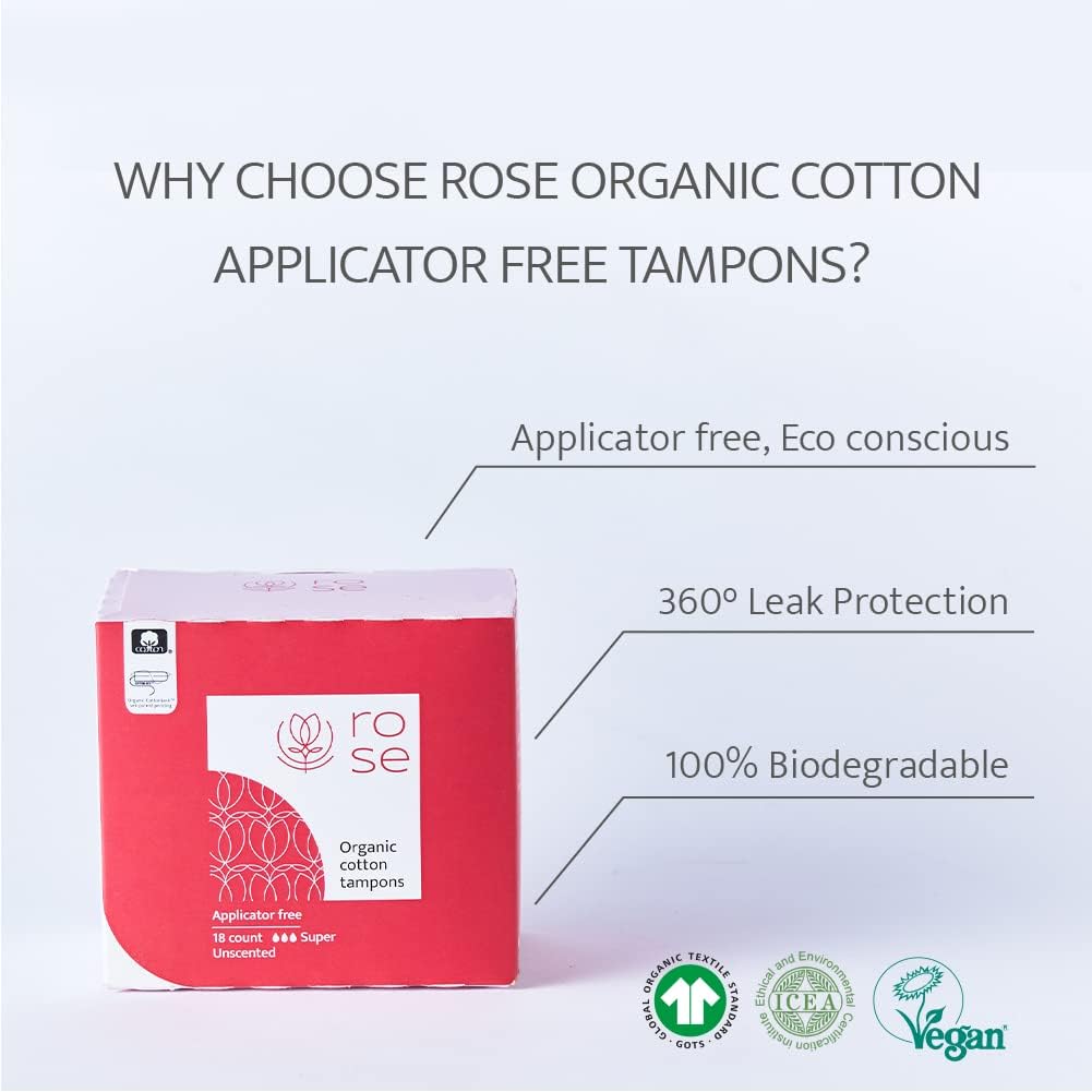 ROSE Tampones certificados de algodón orgánico sin aplicador, súper absorción, sistema de patente de velo de seguridad de bloqueo de algodón,