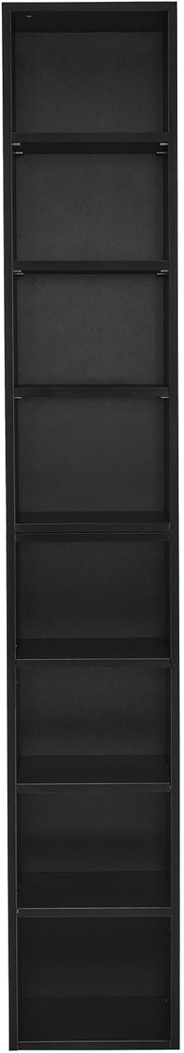 Estante delgado de torre multimedia con estantes ajustables, gabinete de almacenamiento estrecho de 8 niveles de alto y estrecho estante para