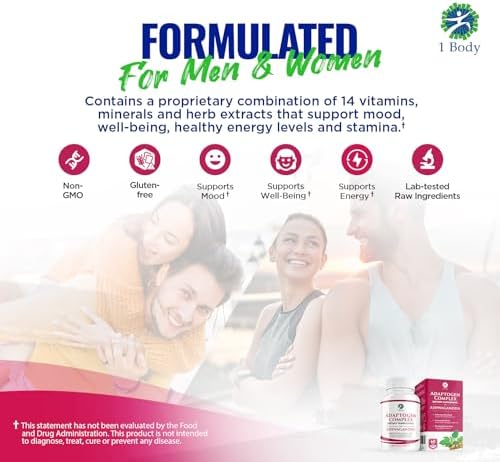 1 Body Suplemento complejo Ashwagandha – Fórmula adaptógeno – Suplemento de enfoque y apoyo energético para hombres y mujeres – 180 cápsulas veganas