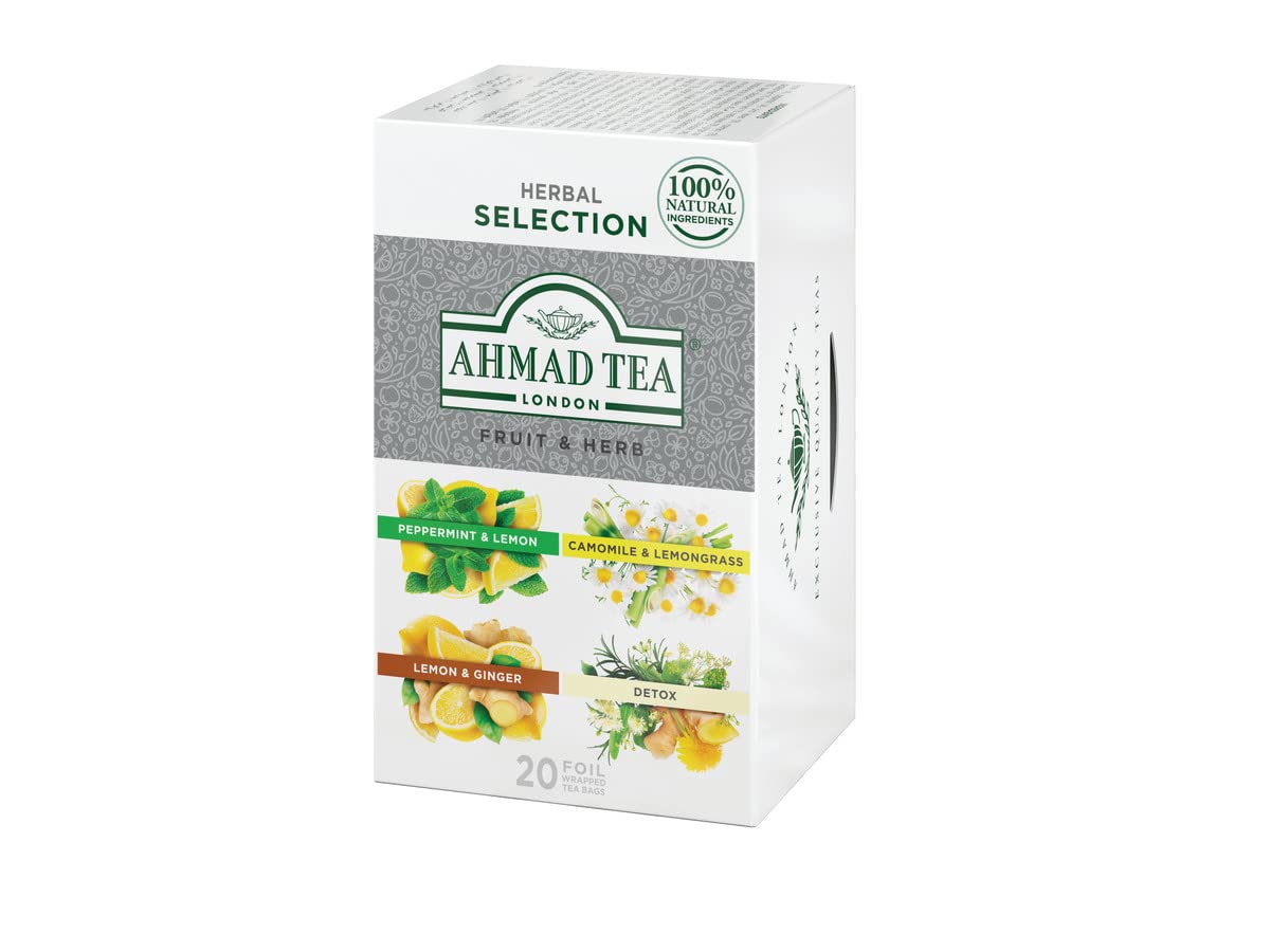Ahmad Tea Té de hierbas, selección de frutas y hierbas, 4 tés de menta y limón, manzanilla y citronela, limón y jengibre, y bolsitas de té