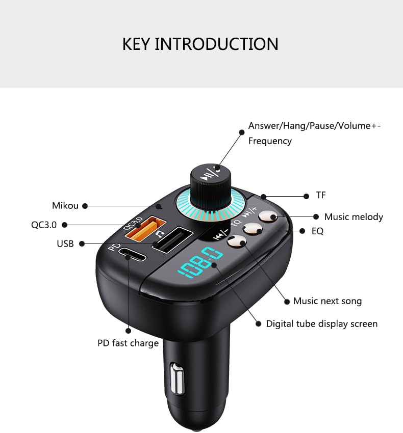Transmisor FM Bluetooth 5.1 para automóvil, reproductor de MP3 manos libres, kit de audio de radio inalámbrico, carga PD carga rápida de 20 W +